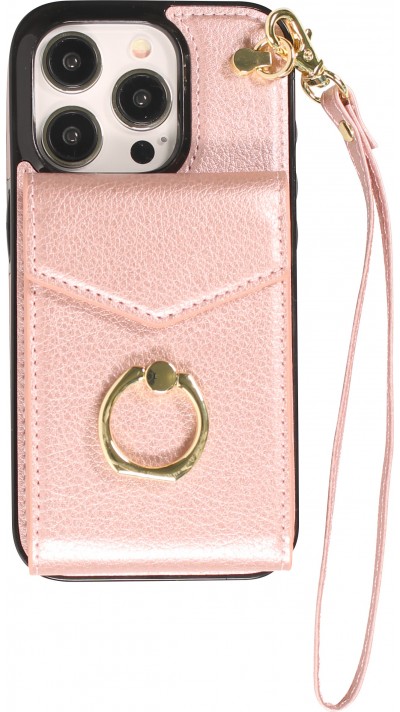 iPhone 15 Pro Max Case Hülle - DeLuxe elegantes Lederlook Cover mit Wallet + Tragering - Rosa