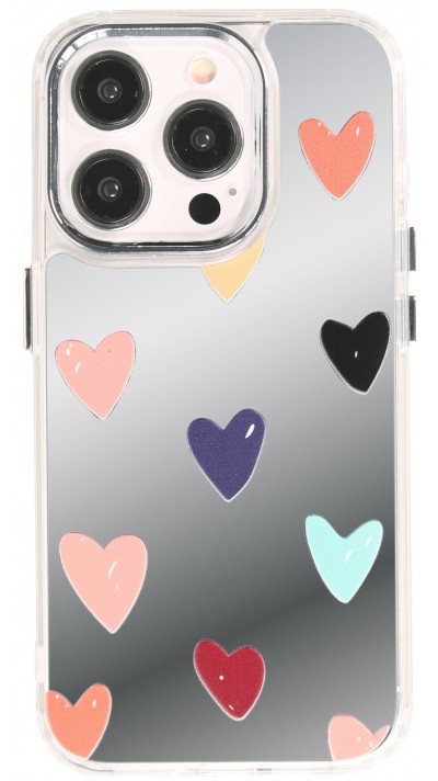 iPhone 14 Pro Case Hülle - Transparentes Silikon Many Hearts mit Spiegeleffekt