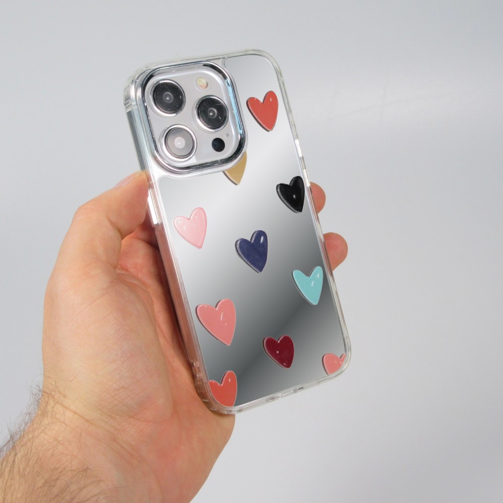 iPhone 15 Pro Max Case Hülle - Transparentes Silikon Many Hearts mit Spiegeleffekt