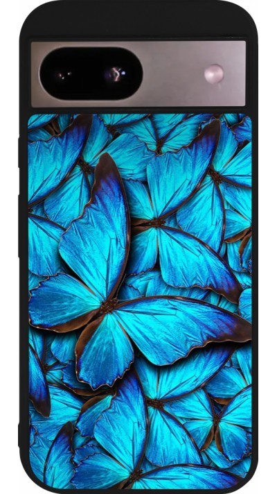 Coque Google Pixel 8a - Silicone rigide noir Papillon bleu