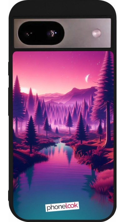 Coque Google Pixel 8a - Silicone rigide noir Paysage Violet-Rose