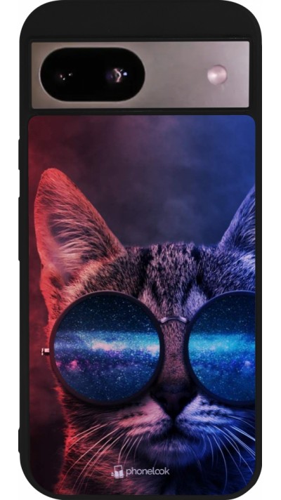 Coque Google Pixel 8a - Silicone rigide noir Red Blue Cat Glasses