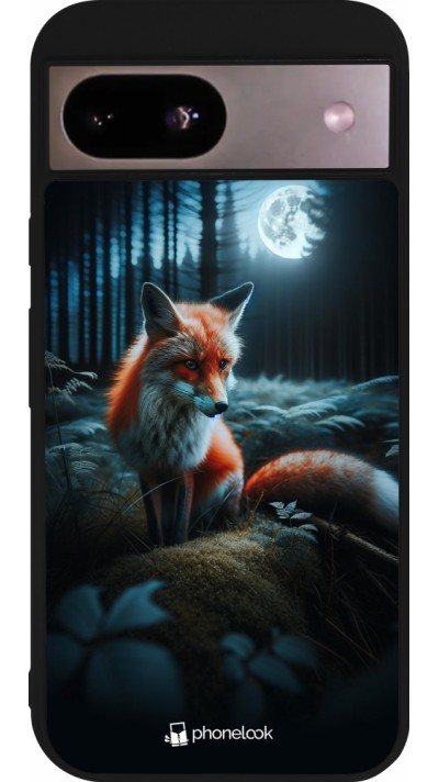 Coque Google Pixel 8a - Silicone rigide noir Renard lune forêt