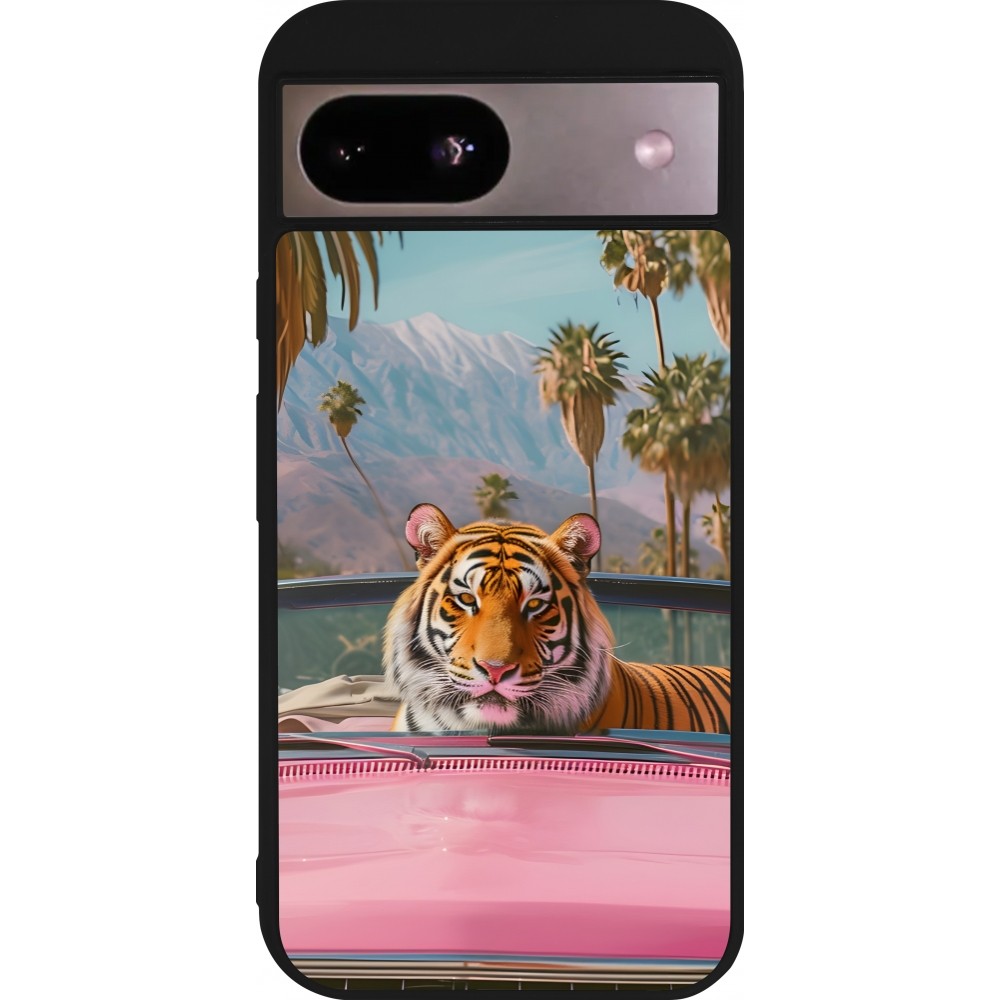 Google Pixel 8a Case Hülle - Silikon schwarz Tiger Auto rosa