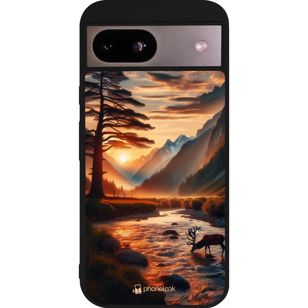 Google Pixel 8a Case Hülle - Silikon schwarz Tal Sonnenuntergang Hirsch Baum