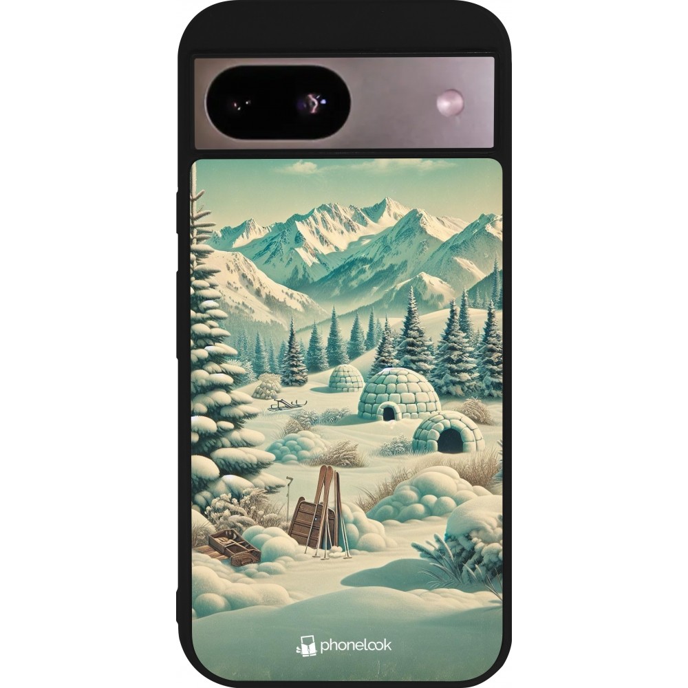 Google Pixel 8a Case Hülle - Silikon schwarz Vintage Schneebedeckter Berg Iglu