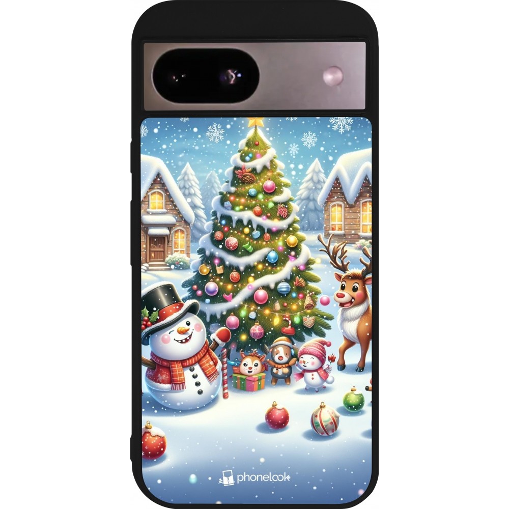 Google Pixel 8a Case Hülle - Silikon schwarz Weihnachten 2023 Schneemann und Tannenbaum