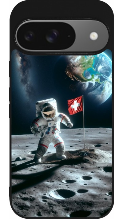 Google Pixel 9 / Pixel 9 Pro Case Hülle - Silikon schwarz Astro Schweiz auf dem Mond