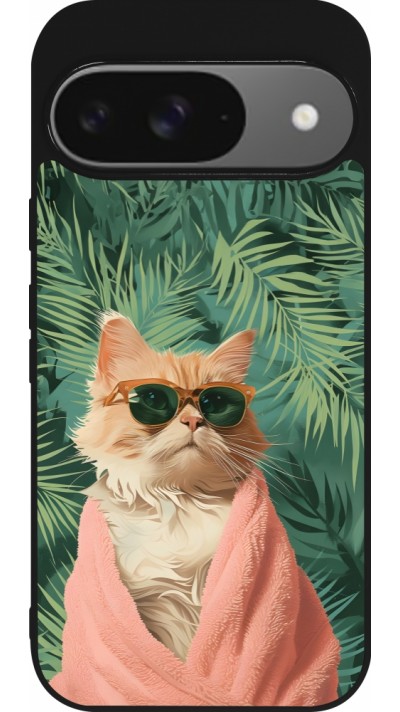 Google Pixel 9 / Pixel 9 Pro Case Hülle - Silikon schwarz Cat Summer Palms