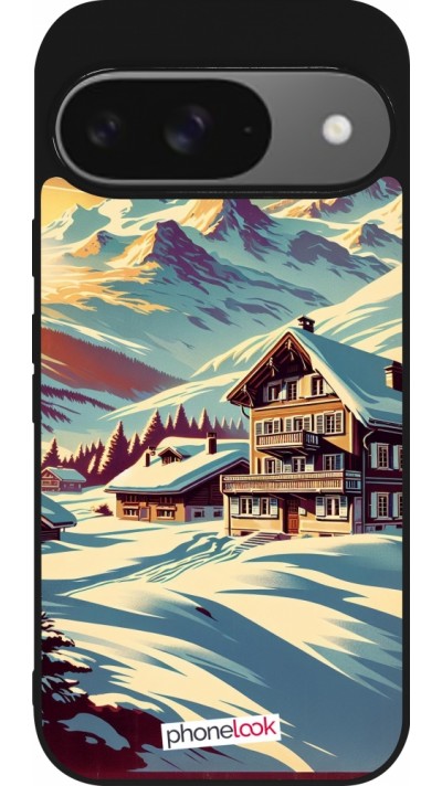 Google Pixel 9 / Pixel 9 Pro Case Hülle - Silikon schwarz Chalet Berg verschneit