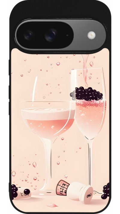 Google Pixel 9 / Pixel 9 Pro Case Hülle - Silikon schwarz Champagne Pouring Pink