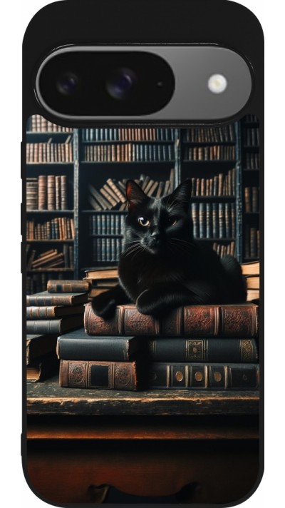 Google Pixel 9 / Pixel 9 Pro Case Hülle - Silikon schwarz Katze Bücher dunkel