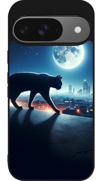 Google Pixel 9 / Pixel 9 Pro Case Hülle - Silikon schwarz Schwarze Katze unter dem Vollmond