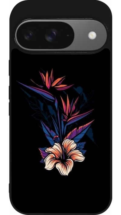 Google Pixel 9 / Pixel 9 Pro Case Hülle - Silikon schwarz Dark Flowers