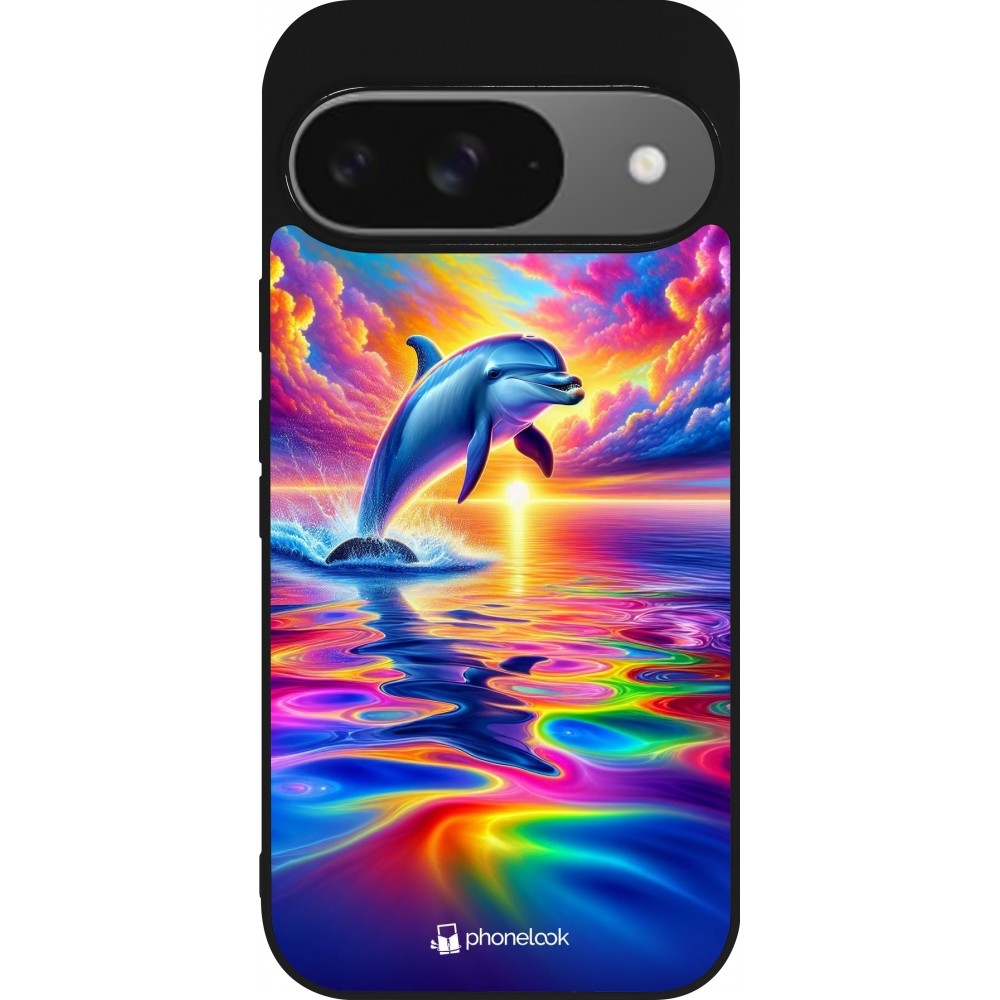 Google Pixel 9 / Pixel 9 Pro Case Hülle - Silikon schwarz Glücklicher Regenbogen-Delfin