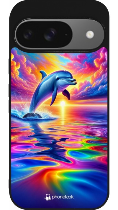 Google Pixel 9 / Pixel 9 Pro Case Hülle - Silikon schwarz Glücklicher Regenbogen-Delfin