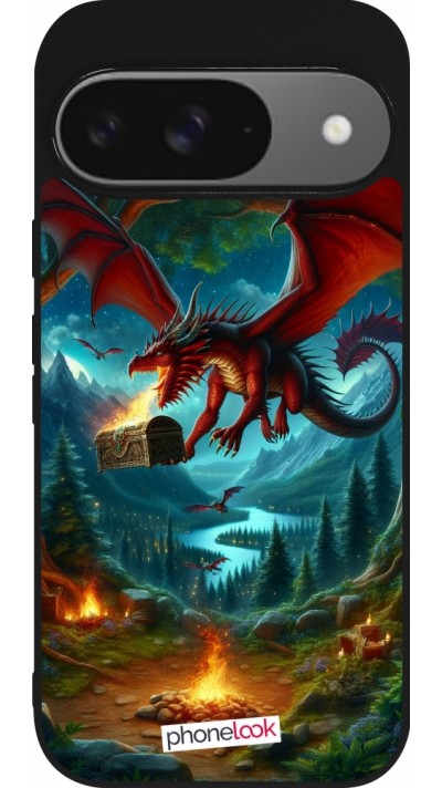 Google Pixel 9 / Pixel 9 Pro Case Hülle - Silikon schwarz Drache Fliegend Wald Schatz