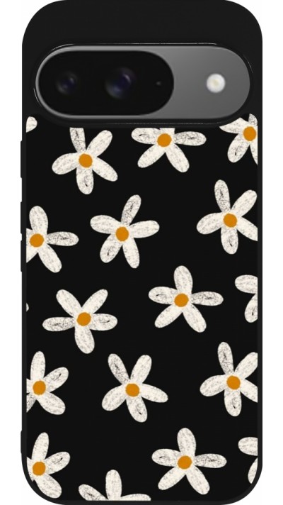 Google Pixel 9 / Pixel 9 Pro Case Hülle - Silikon schwarz Easter 2024 white on black flower