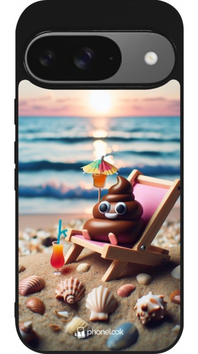 Google Pixel 9 / Pixel 9 Pro Case Hülle - Silikon schwarz Kackhaufen Emoji auf Liegestuhl