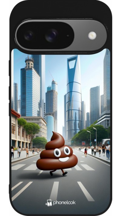 Google Pixel 9 / Pixel 9 Pro Case Hülle - Silikon schwarz Kackhaufen Emoji Spaziergang