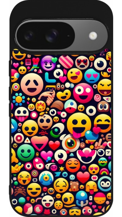 Google Pixel 9 / Pixel 9 Pro Case Hülle - Silikon schwarz Emoji Mix Farbe