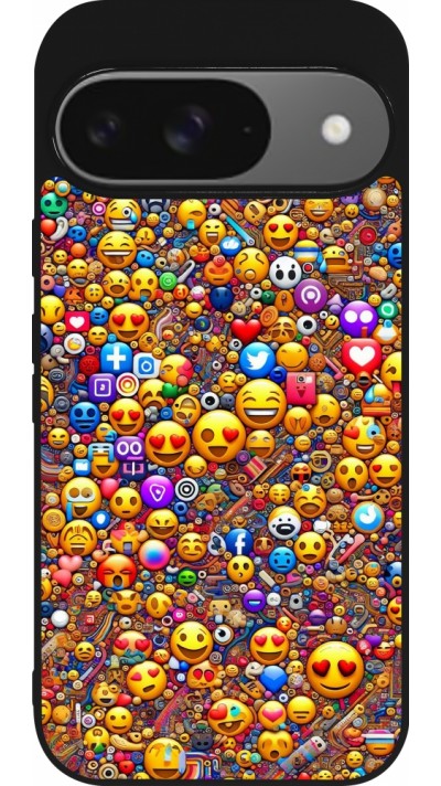 Google Pixel 9 / Pixel 9 Pro Case Hülle - Silikon schwarz Emoji gemischt