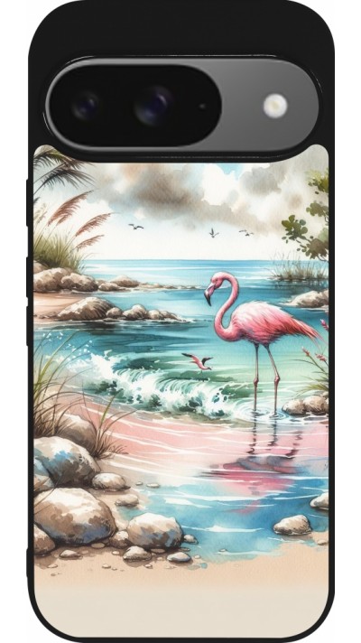 Google Pixel 9 / Pixel 9 Pro Case Hülle - Silikon schwarz Flamingo Aquarell