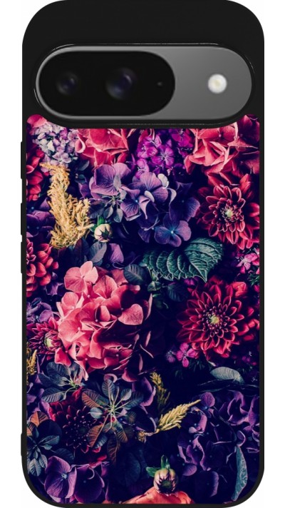 Google Pixel 9 / Pixel 9 Pro Case Hülle - Silikon schwarz Flowers Dark