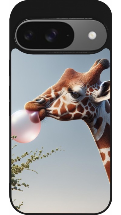 Google Pixel 9 / Pixel 9 Pro Case Hülle - Silikon schwarz Giraffe mit Blase