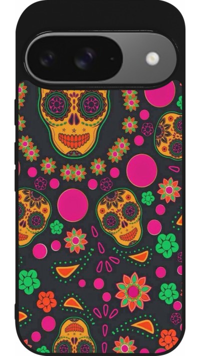 Google Pixel 9 / Pixel 9 Pro Case Hülle - Silikon schwarz Halloween 22 colorful mexican skulls