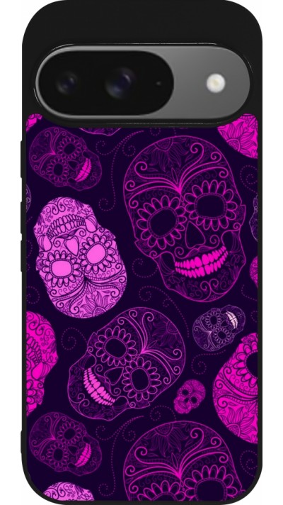 Google Pixel 9 / Pixel 9 Pro Case Hülle - Silikon schwarz Halloween 2023 pink skulls