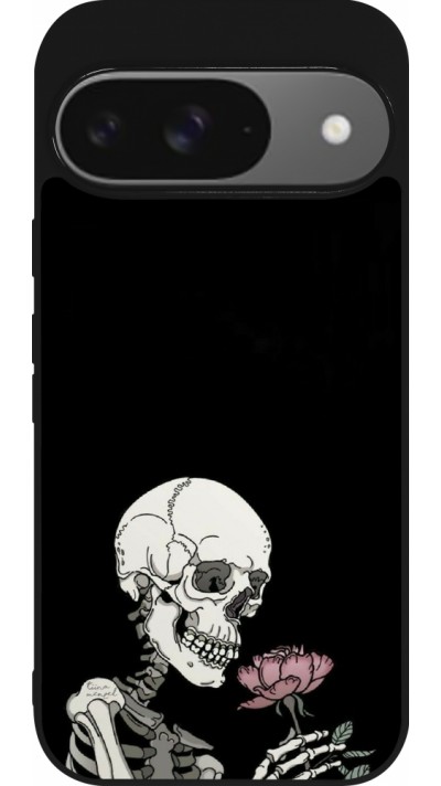 Google Pixel 9 / Pixel 9 Pro Case Hülle - Silikon schwarz Halloween 2023 rose and skeleton