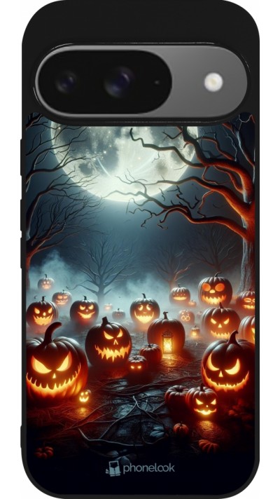 Google Pixel 9 / Pixel 9 Pro Case Hülle - Silikon schwarz Halloween 2024 Viele Kuerbisse