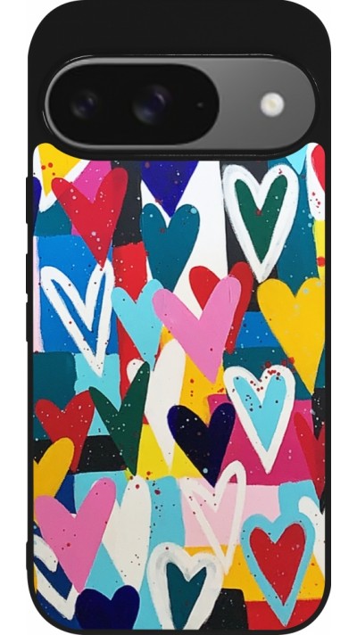 Google Pixel 9 / Pixel 9 Pro Case Hülle - Silikon schwarz Joyful Hearts