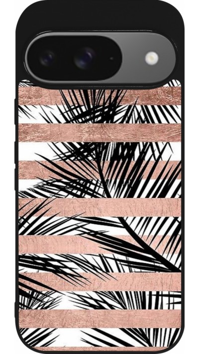 Google Pixel 9 / Pixel 9 Pro Case Hülle - Silikon schwarz Palm trees gold stripes