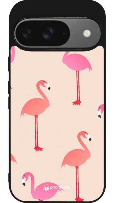 Google Pixel 9 / Pixel 9 Pro Case Hülle - Silikon schwarz Pink Flamingos Pattern