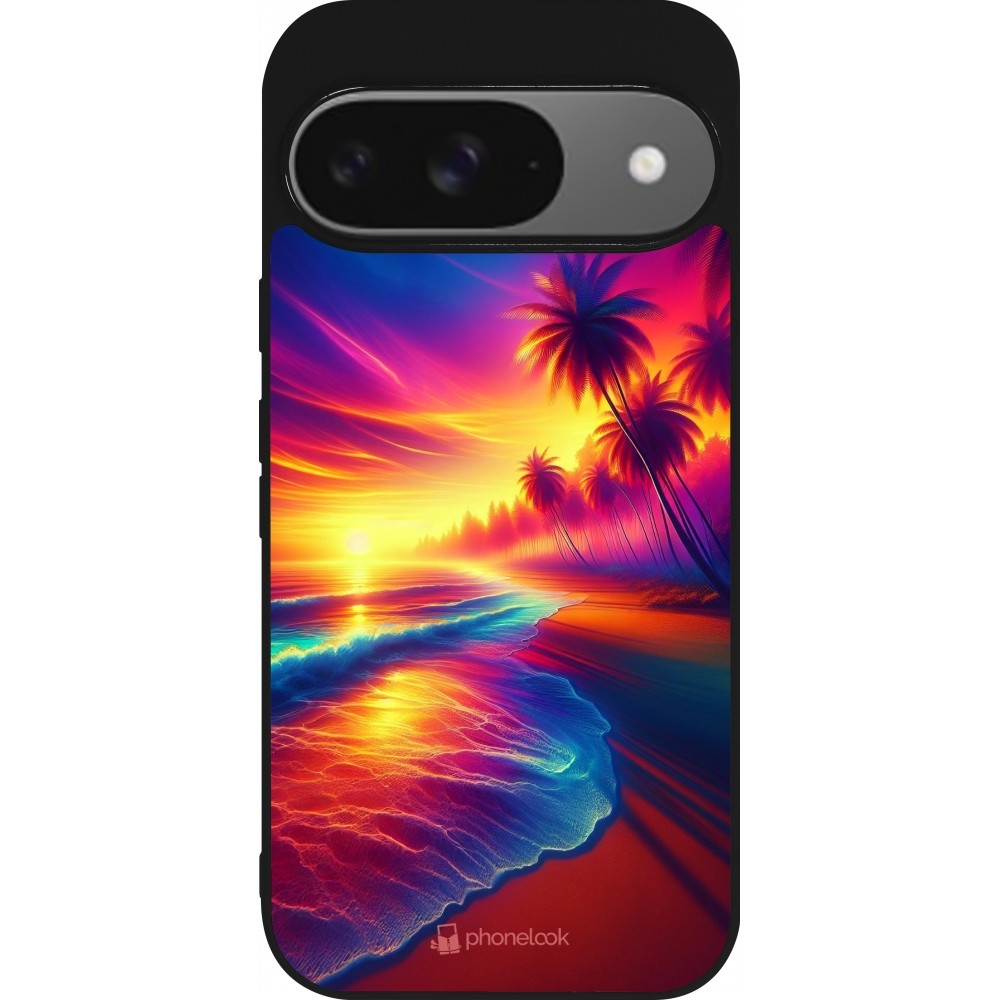 Google Pixel 9 / Pixel 9 Pro Case Hülle - Silikon schwarz Strand Sonnenuntergang auffällig