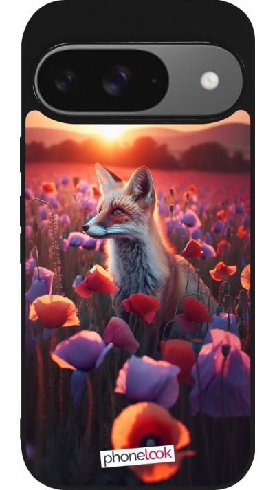 Google Pixel 9 / Pixel 9 Pro Case Hülle - Silikon schwarz Purpurroter Fuchs bei Dammerung