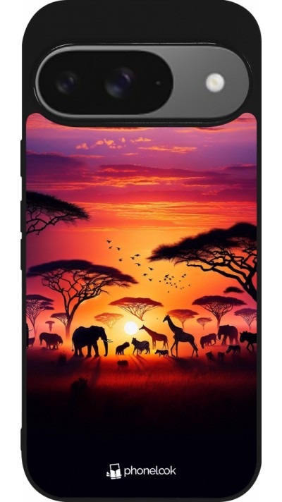 Google Pixel 9 / Pixel 9 Pro Case Hülle - Silikon schwarz Safari Sonnenuntergang Wildtiere