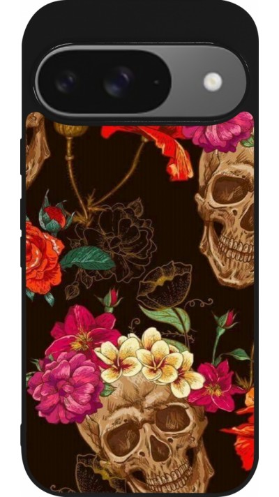 Google Pixel 9 / Pixel 9 Pro Case Hülle - Silikon schwarz Skulls and flowers