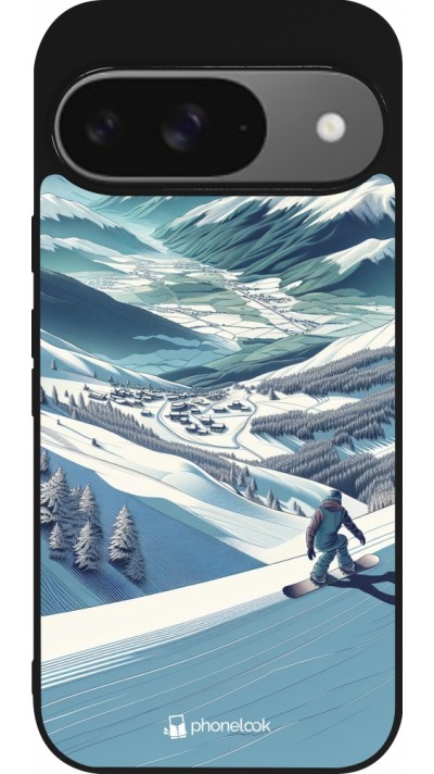 Google Pixel 9 / Pixel 9 Pro Case Hülle - Silikon schwarz Snowboarder Berg