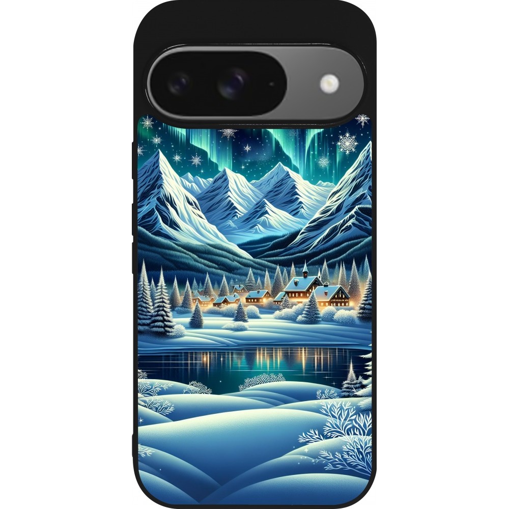 Google Pixel 9 / Pixel 9 Pro Case Hülle - Silikon schwarz Verschneites Bergdorf am See in der Nacht