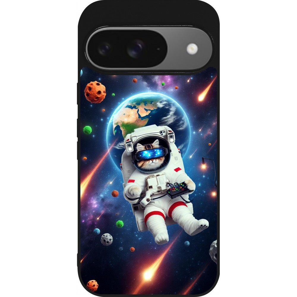 Google Pixel 9 / Pixel 9 Pro Case Hülle - Silikon schwarz VR SpaceCat Odyssee