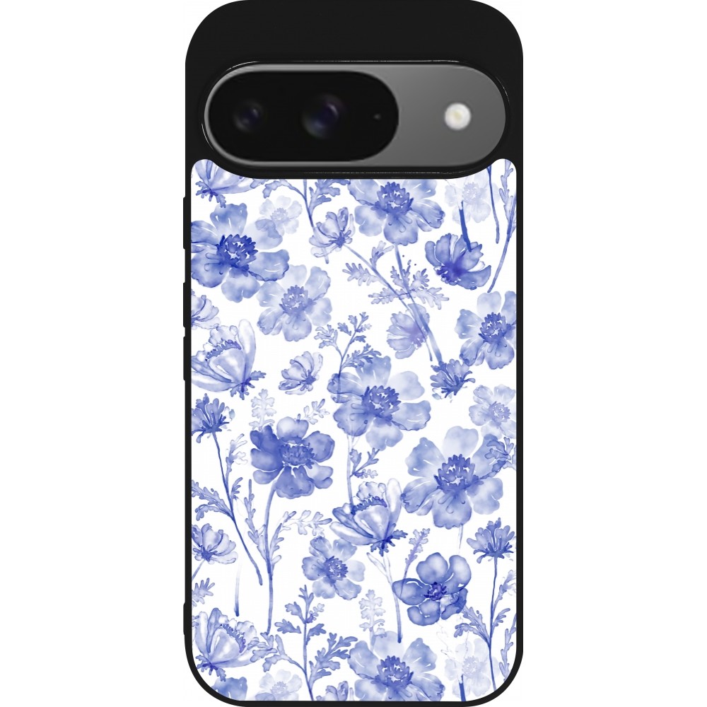 Google Pixel 9 / Pixel 9 Pro Case Hülle - Silikon schwarz Spring 23 watercolor blue flowers