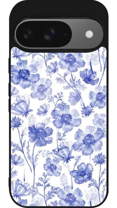 Google Pixel 9 / Pixel 9 Pro Case Hülle - Silikon schwarz Spring 23 watercolor blue flowers