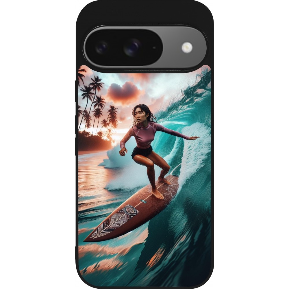 Google Pixel 9 / Pixel 9 Pro Case Hülle - Silikon schwarz Surferin aus Bali