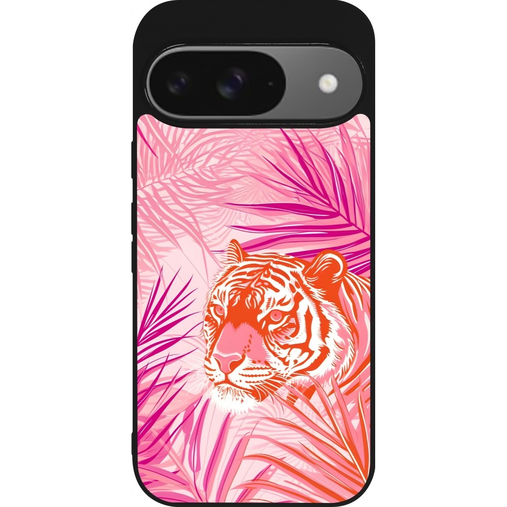 Google Pixel 9 / Pixel 9 Pro Case Hülle - Silikon schwarz Tiger Palmen rosa