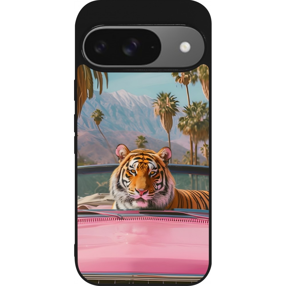 Google Pixel 9 / Pixel 9 Pro Case Hülle - Silikon schwarz Tiger Auto rosa