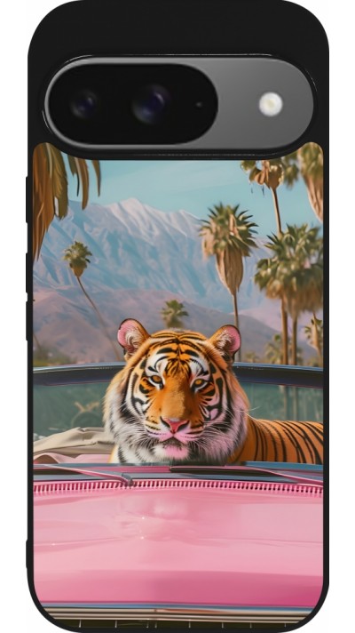 Google Pixel 9 / Pixel 9 Pro Case Hülle - Silikon schwarz Tiger Auto rosa