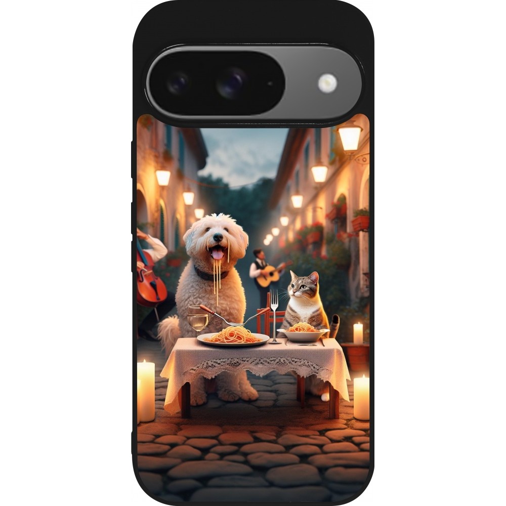 Google Pixel 9 / Pixel 9 Pro Case Hülle - Silikon schwarz Valentin 2024 Hund & Katze Kerzenlicht